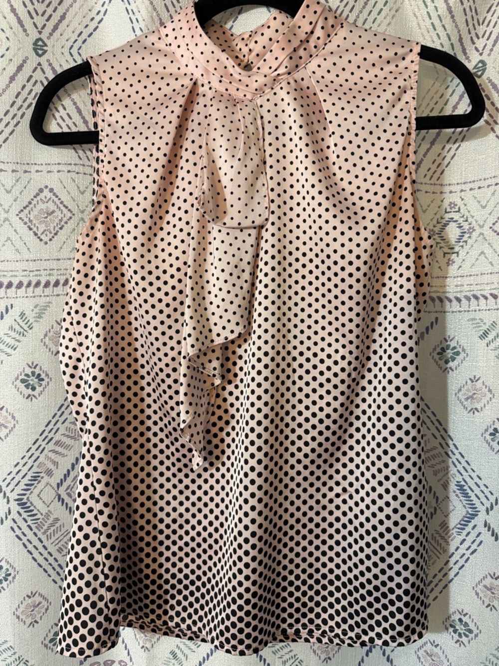 New York & Company Pink and Black Polka Dot Sleeveless Ruffle Neck Camisole